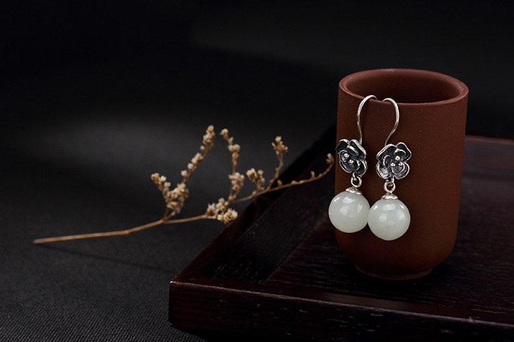 Real 925 Sterling Silver Luxury Women Natural White Jade Beads Drop Earrings Handmade Thai Silver Flower Brincos Bijoux