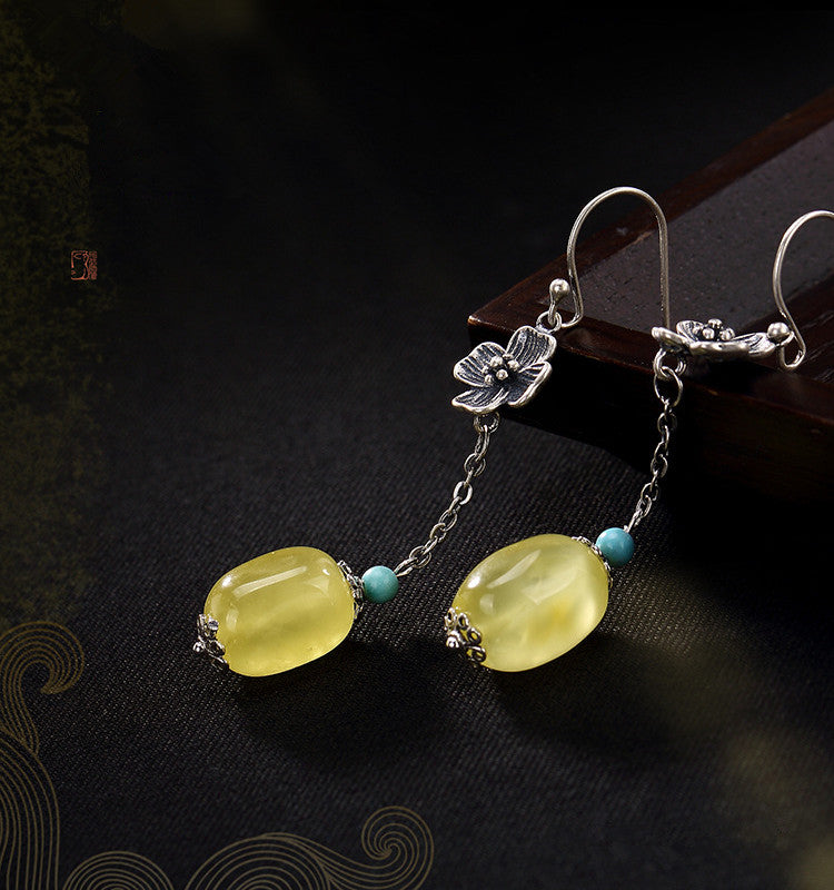 Real 925 Sterling Silver Natural Amber Dangle Earrings Women Ethnic Handmade Flower Brincos Bijoux Vintage Fine Jewelry