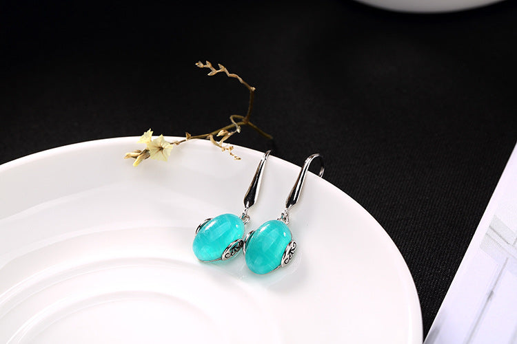Real 925 Sterling Silver Natural Blue Amazonite Earrings Vintage Engraved Patterns Women Dress Brincos Ethnic Jewelry