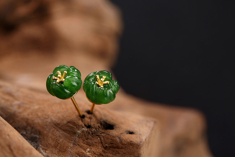 Real 925 Sterling Silver Natural Green Jade Flower Stud Earrings Jasper Plum Handmade Women Fine Jewelry Ethnic Brincos