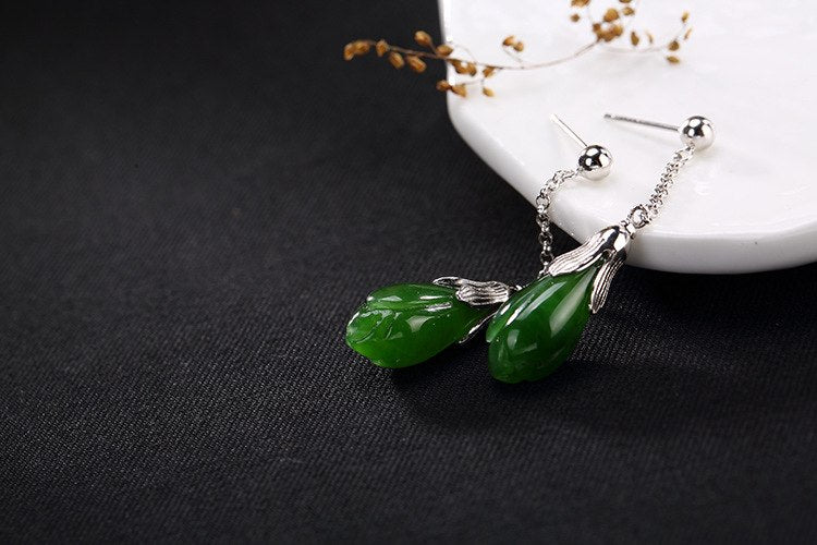 Real 925 Sterling Silver Natural Green Jade Orchid Earrings for Women Fine Jewelry Ethnic Jasper Floral Brincos Bijoux