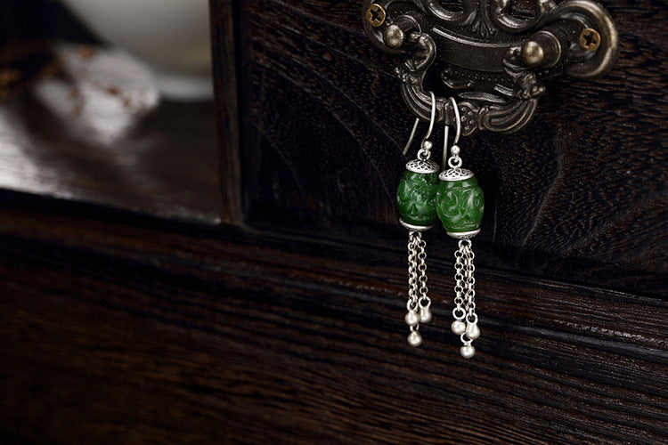 Real 925 Sterling Silver Natural Green Jade Tassels Drop Earrings for Women Engraved Jasper Beads Brincos Exotic Bijoux