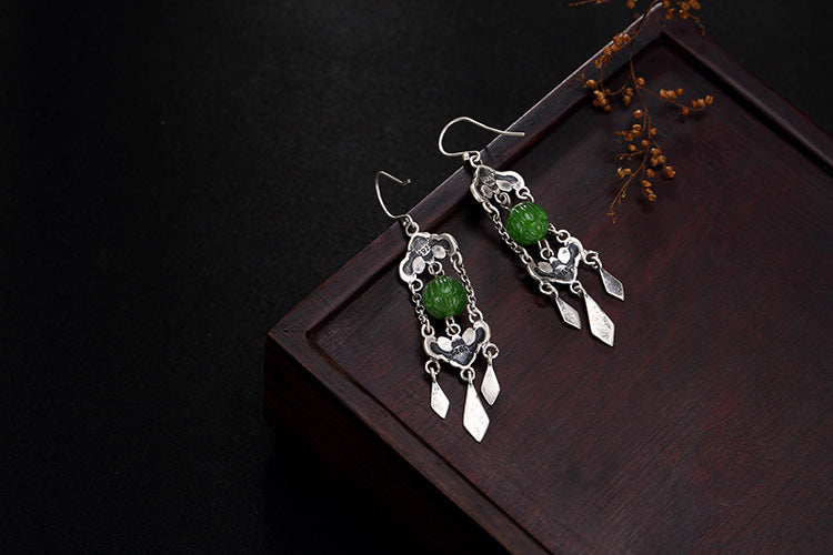 Real 925 Sterling Silver Natural Jade Balls Earrings Women Fine Jasper Jewelry Ancient Totem Bats Brincos Ethnic Bijoux