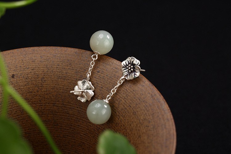 Real 925 Sterling Silver Natural Jade Beads Drop Earrings for Women Women Simple Vintage Flower Brincos Handmade Bijoux