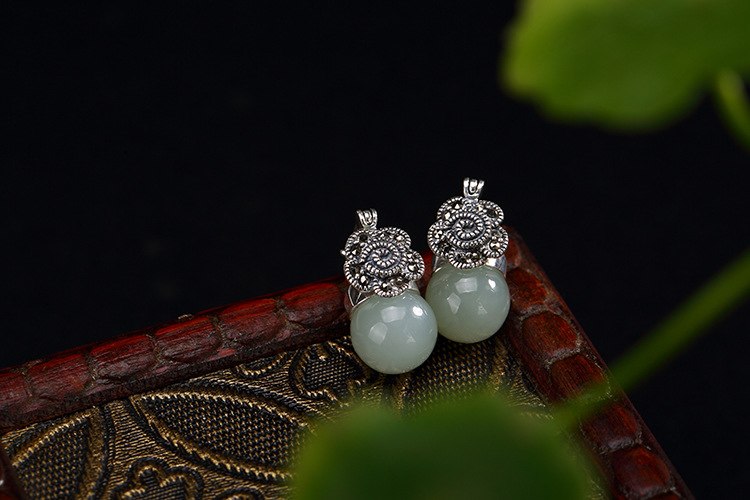 Real 925 Sterling Silver Natural Jade Beads Earrings for Women Vintage Marcasite Flower Brincos Bijoux Handmade Jewelry