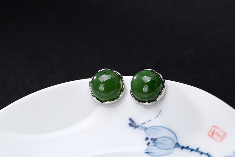 Real 925 Sterling Silver Natural Jade Beads Stud Earrings Women Jasper Dress Brincos Vintage Fine Jewelry Ethnic Bijoux