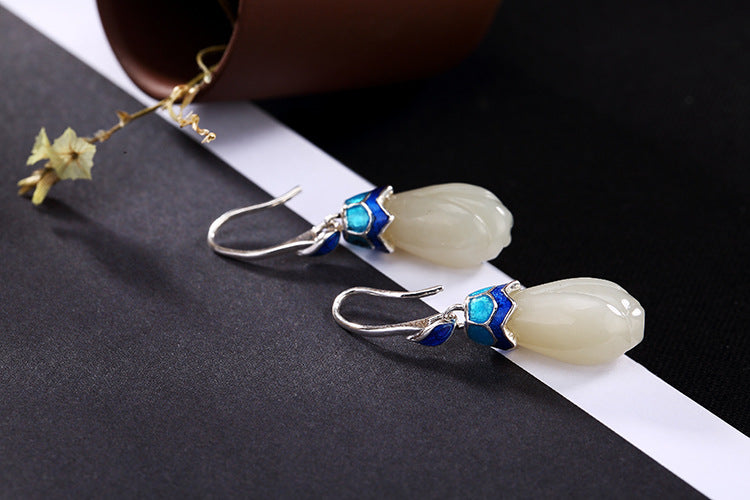 Real 925 Sterling Silver Natural Jade Magnolia Drop Earrings Women Retro Enamel Flower Brincos Jewelry Handmade Bijoux