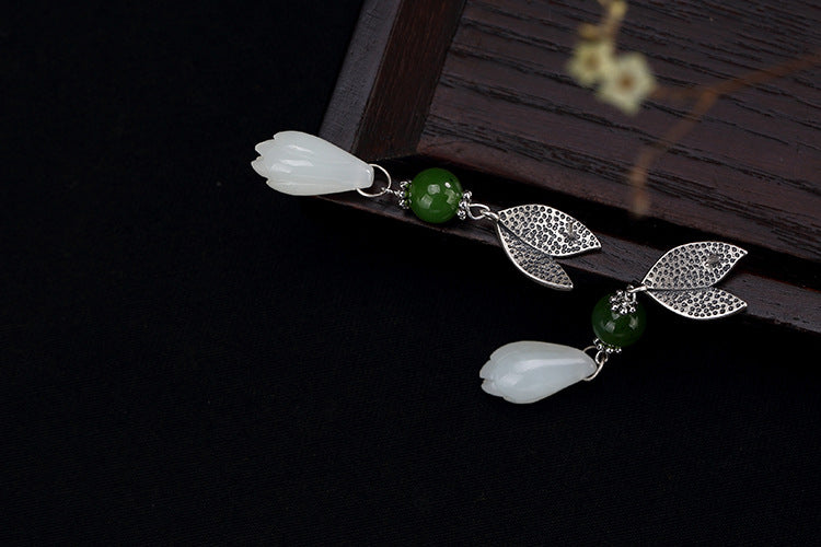 Real 925 Sterling Silver Natural Jade Orchid Dangle Earrings for Women Handmade Leaf Brincos Jasper Beads Fine Jewelry