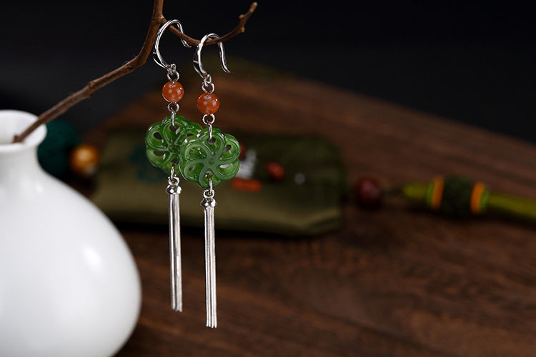 Real 925 Sterling Silver Natural Jade Plum Flower Women Earrings Ethnic Tassel Brincos Beads Fine Bijoux Jasper Jewelry