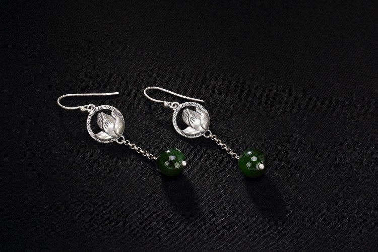 Real 925 Sterling Silver Natural Jasper Balls Dangle Earrings for Women Handmade Lotus Brincos Jade Flower Fine Jewelry