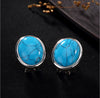Real 925 Sterling Silver Natural Oval Turquoise Women Studs Earrings Vintage Fashion Exotic Fine Jewelry Brincos Bijoux