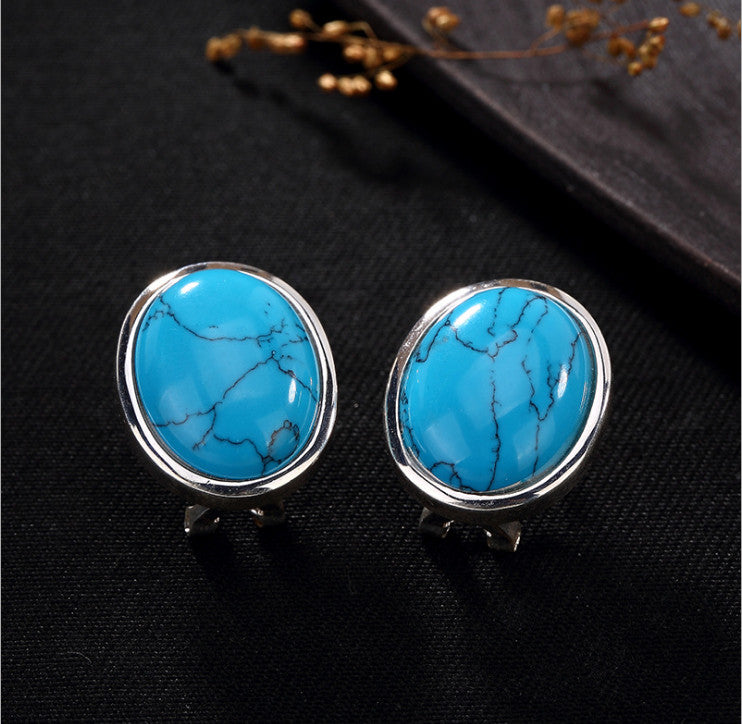Real 925 Sterling Silver Natural Oval Turquoise Women Studs Earrings Vintage Fashion Exotic Fine Jewelry Brincos Bijoux