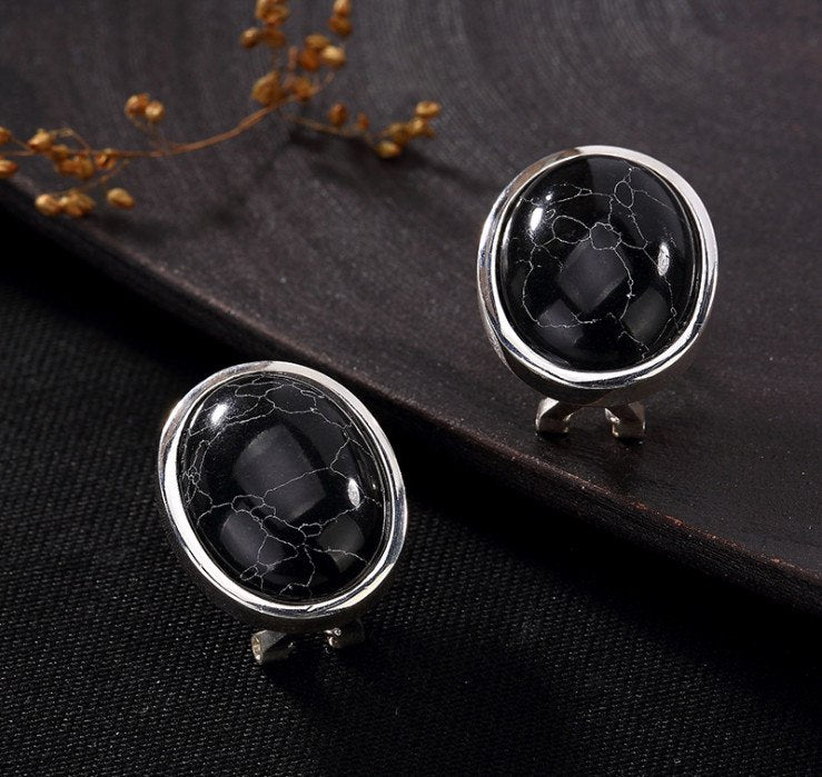 Real 925 Sterling Silver Natural Oval Turquoise Women Studs Earrings Vintage Fashion Exotic Fine Jewelry Brincos Bijoux