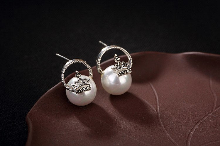 Real 925 Sterling Silver Natural Pearl Stud Earrings Marcasite Vintage Crown Brincos Bijoux Handmade Women Fine Jewelry