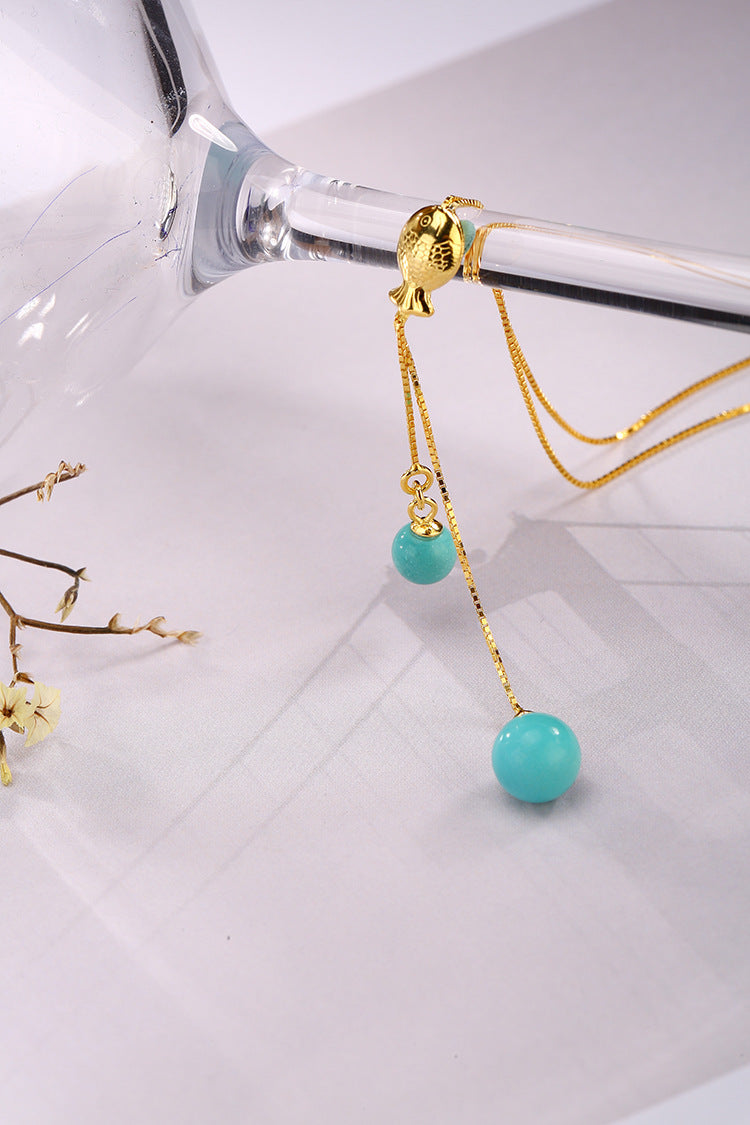 Real 925 Sterling Silver Natural Turquoise Beads Necklaces Women Engraved Vintage Totem Fish Fine Jewelry Exotic Bijoux