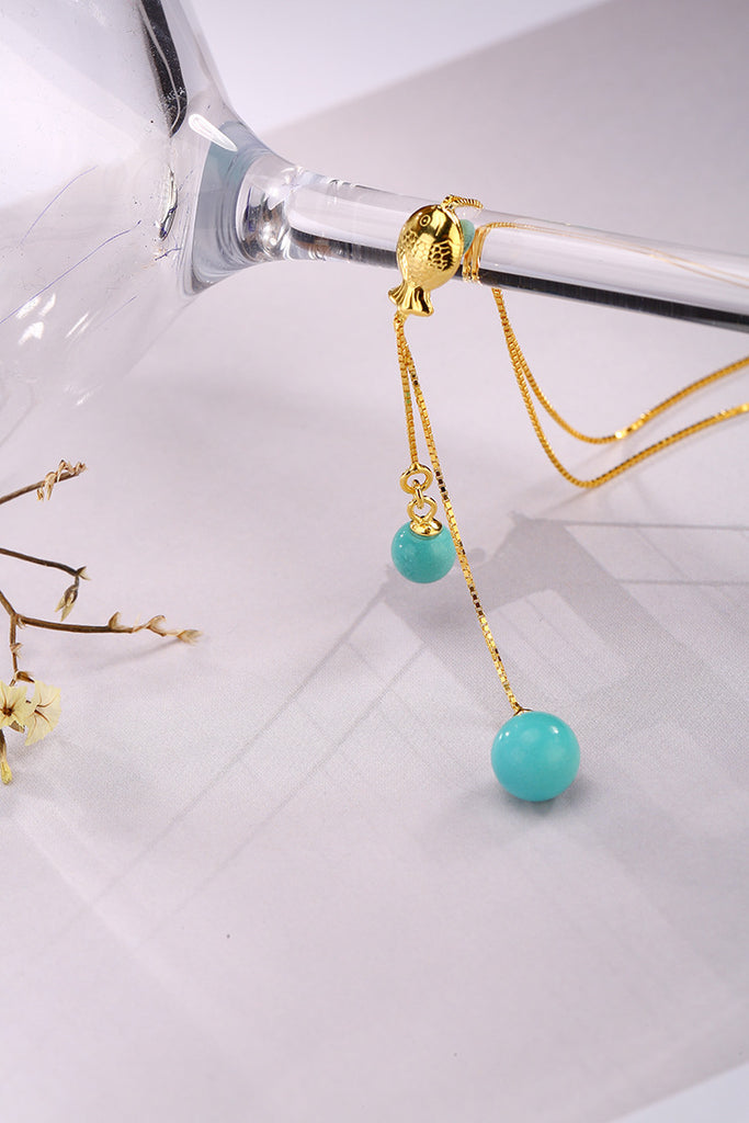 Real 925 Sterling Silver Natural Turquoise Beads Necklaces Women Engraved Vintage Totem Fish Fine Jewelry Exotic Bijoux