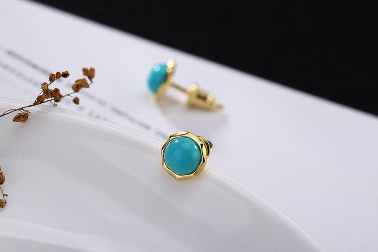 Real 925 Sterling Silver Natural Turquoise Beads Studs Earrings Women Retro Ethnic Jewelry Handmade Brincos Fine Bijoux