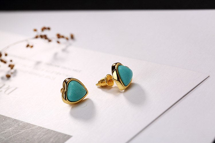 Real 925 Sterling Silver Natural Turquoise Handmade Heart-shape Stud Earrings for Women Ethnic Brincos Fine LOVE Bijoux