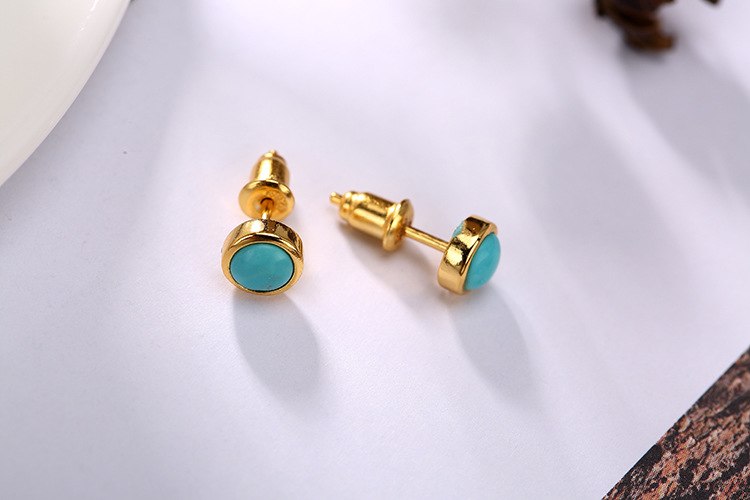 Real 925 Sterling Silver Natural Turquoise Mini Size Stud Earrings for Women Vintage Ethnic Brincos Bijoux Fine Jewelry