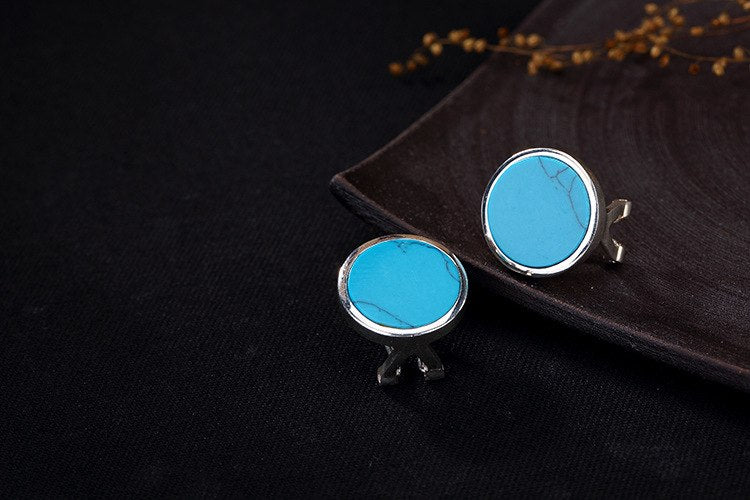 Real 925 Sterling Silver Natural Turquoise Round Stud Earrings Fashion Vintage Women Ethnic Brincos Bijoux Fine Jewelry
