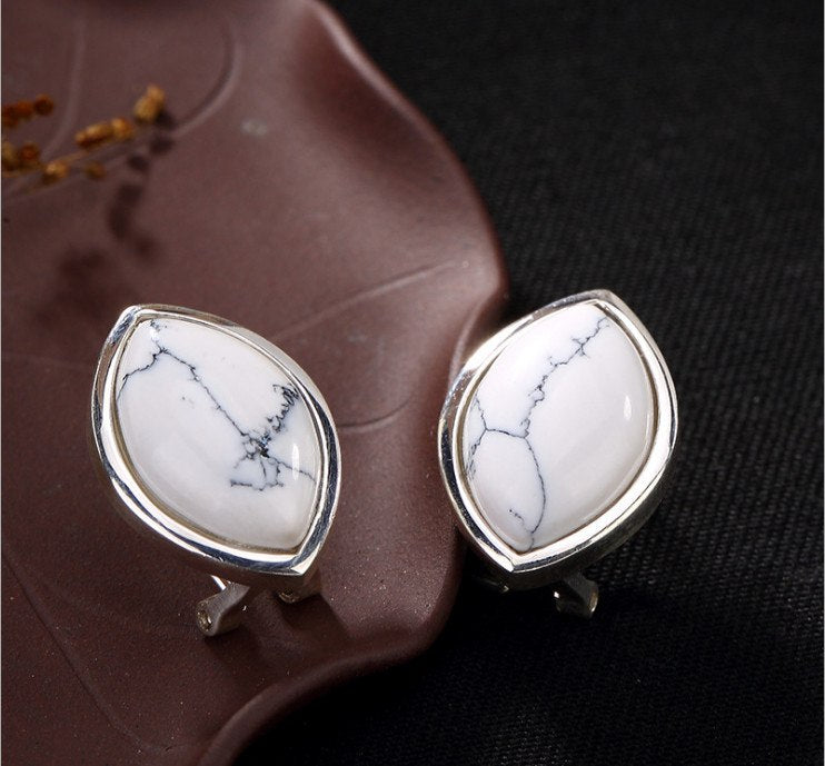 Real 925 Sterling Silver Natural Turquoise Women Evening Dress Stud Earrings Oval Ladies Vintage Brincos Ethnic Bijoux