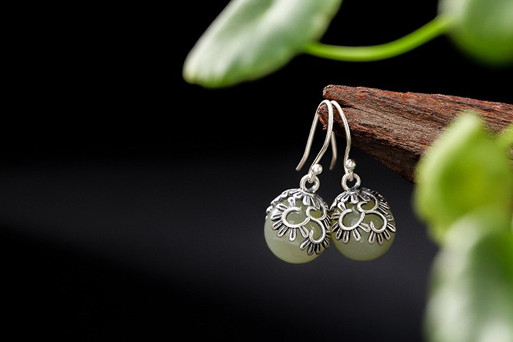 Real 925 Sterling Silver Natural White Jade Balls Drop Earrings Vintage Handmade Hollow Women Dress Brincos Fine Bijoux