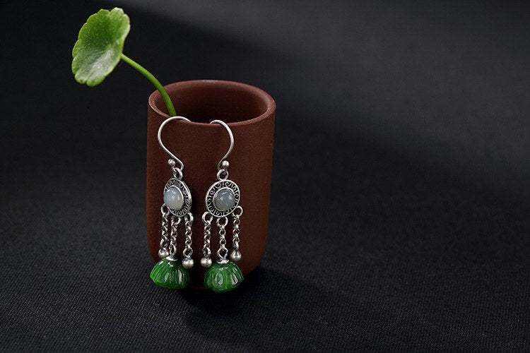 Real 925 Sterling Silver Natural White Jade Drop Earrings Women Jasper Lotus Tassels Brincos Fine Jewelry Ethnic Bijoux