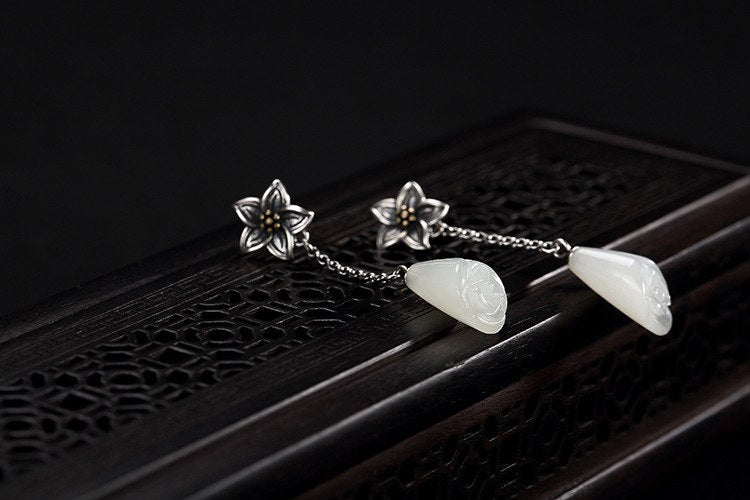 Real 925 Sterling Silver Natural White Jade Flower Dangle Earrings for Women Handmade Plum Flower Brincos Ethnic Bijoux