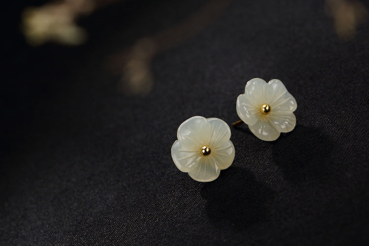 Real 925 Sterling Silver Natural White Jade Flower Stud Earrings Women Romantic Floral Brincos Retro Jewel Fine Bijoux