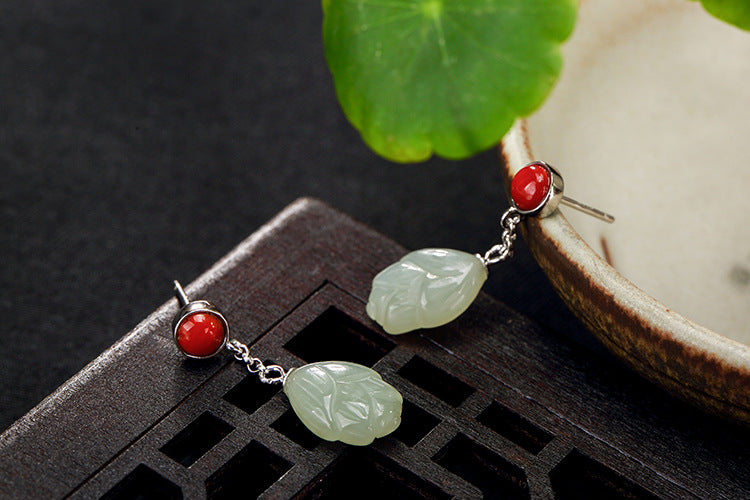 Real 925 Sterling Silver Natural White Jade Orchid Dangle Earrings for Women Elegant Floral Brincos Agate Beads Bijoux