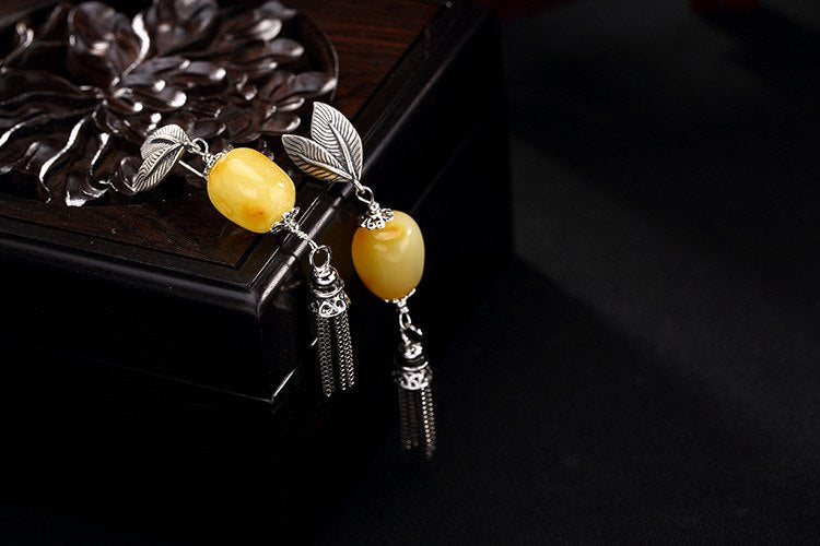 Real 925 Sterling Silver Nature Amber Women Vintage Tassels Drop Earrings Ethnic Handmade Leaves Brincos Beeswax Bijoux
