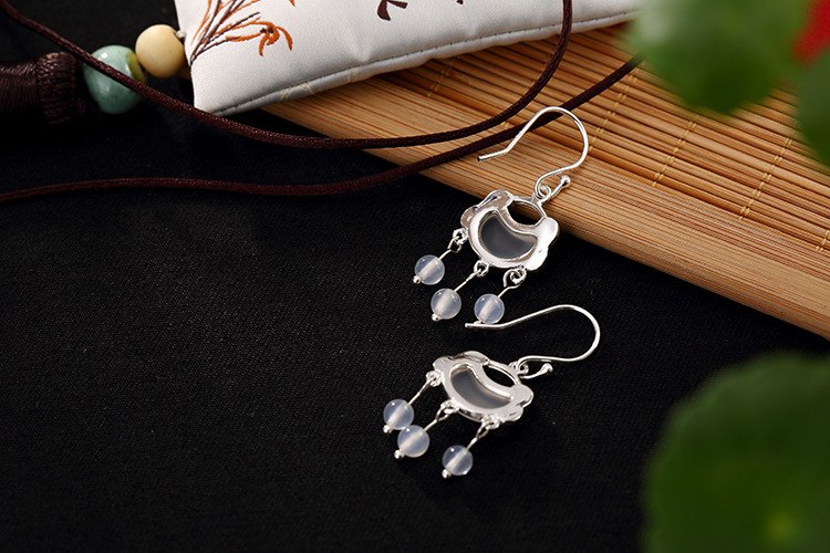 Real 925 Sterling Silver Nature Chalcedony Beads Dangle Earrings Women Ethnic Marcasite Brincos Bijoux Handmade Jewelry