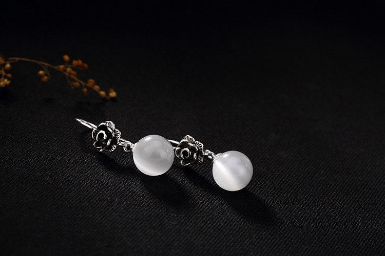 Real 925 Sterling Silver Nature Chalcedony Women Dangle Balls Earrings Handmade Rose Brincos Fine Jewelry Ethnic Bijoux