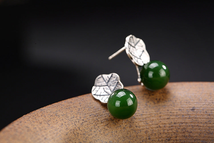 Real 925 Sterling Silver Nature Green Jade Balls Dangle Earrings Women Fine Jewelry Handmade Jasper Leaf Brincos Ethnic