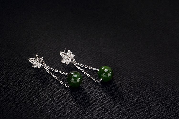 Real 925 Sterling Silver Nature Green Jade Balls Drop Earrings Women Handmade Maple Leaves Brincos Luxury Jasper Bijoux