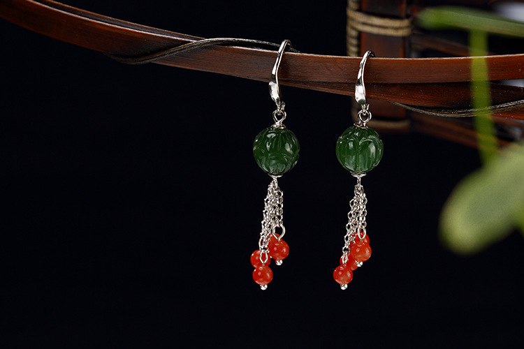 Real 925 Sterling Silver Nature Green Jade Beads Dangle Earrings Ethnic Balls Tassels Brincos Women Jasper Fine Jewelry