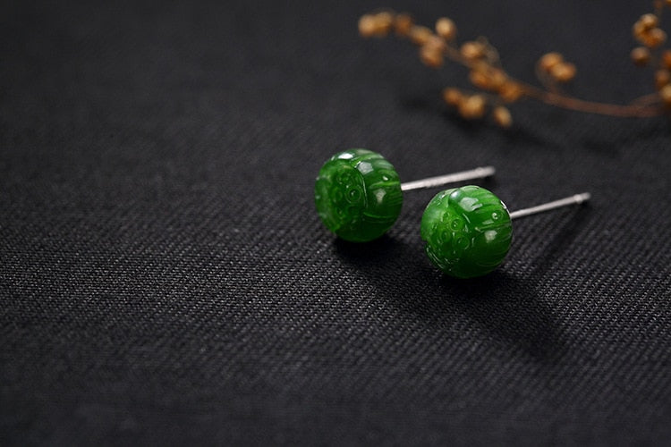 Real 925 Sterling Silver Nature Green Jade Lotus Stud Earrings Women Buddhism Flower Brincos Bijoux Jasper Fine Jewelry