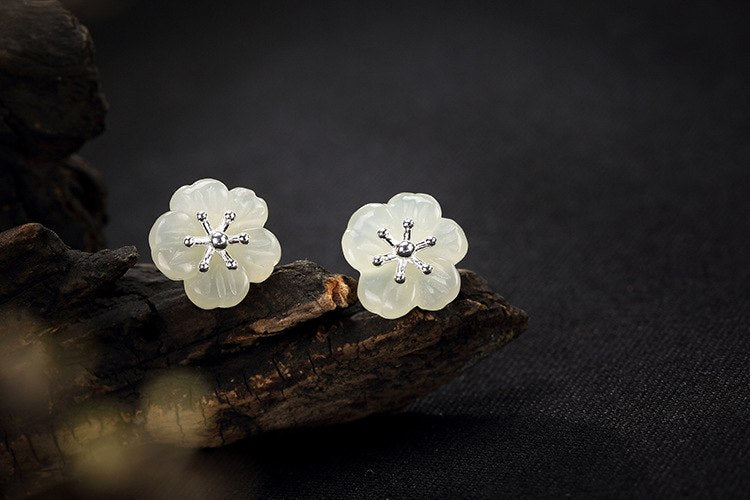 Real 925 Sterling Silver Nature Hetian White Jade Plum Flower Stud Earrings Luxury Ethnic Women Statement Brincos Retro