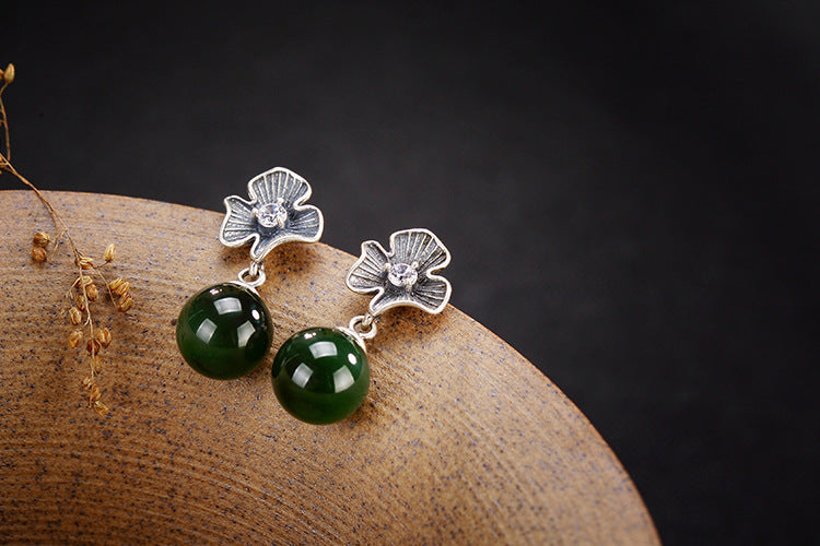 Real 925 Sterling Silver Nature Jade Balls Dangle Earrings Handmake Jasper Flower Brincos for Women Thai Silver Jewelry