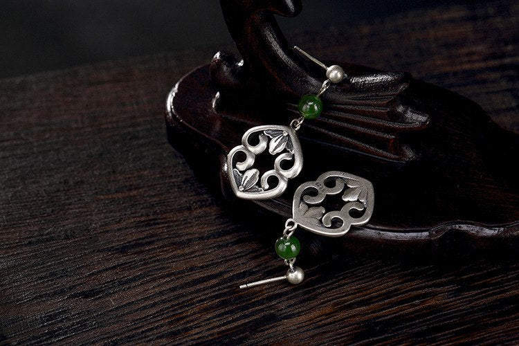 Real 925 Sterling Silver Nature Jasper Beads Dangle Earrings Vintage Totem Patterns Brincos Jewelry Women Ethnic Bijoux