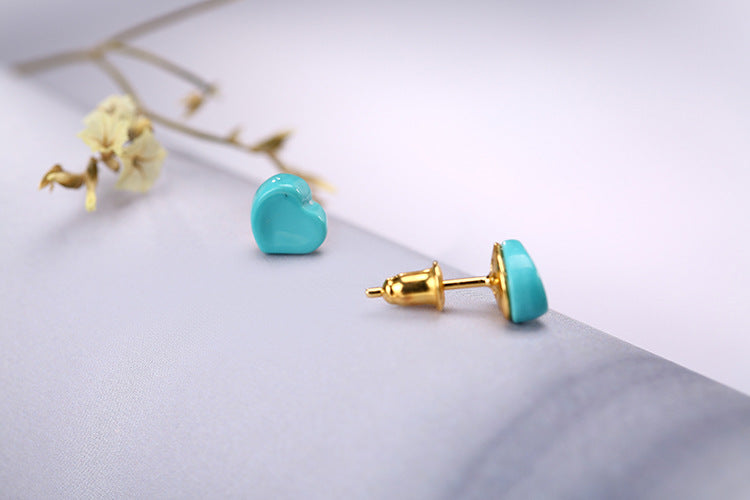 Real 925 Sterling Silver Nature Turquoise Stud Earrings Heart-shape Sweet Girls Summer Dress Brincos Ethnic LOVE Bijoux