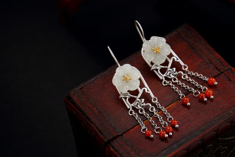 Real 925 Sterling Silver Nature White Jade Plum Flower Dangle Earrings Women Bohemia Ethnic Brincos Agate Beads Jewelry