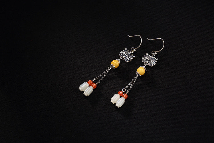 Real 925 Sterling Silver Nature White Jade Tassel Earrings Women Ethnic Amber Brincos Handmade Devil Totem Bijoux Agate