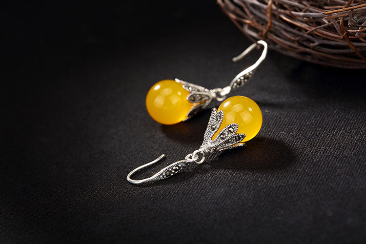 Real 925 Sterling Silver Nature Yellow Chalcedony Dangle Earrings Women Marcasite Jewelry Vintage Brincos Ethnic Bijoux