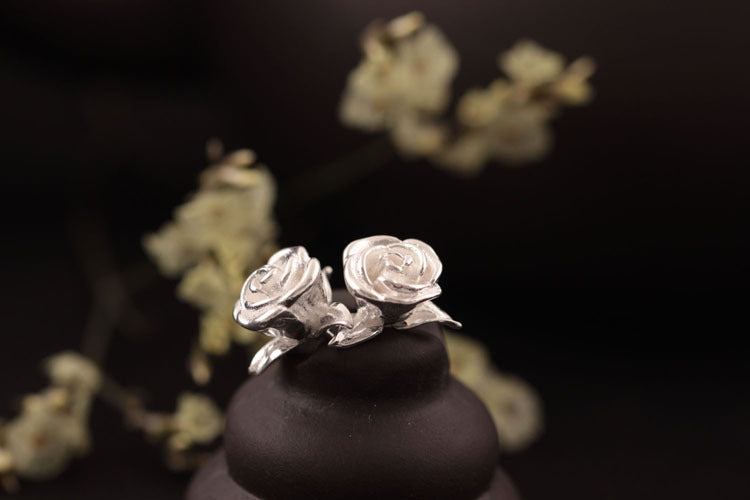 Real 925 Sterling Silver Rose Flower Stud Earrings Handmade Delicate Women Floral Studs Designer Vintage Brincos Bijoux
