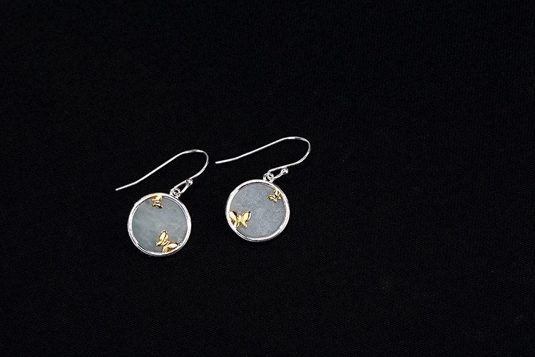 Real 925 Sterling Silver Round Dangle Earrings Women Ethnic Butterfly Earrings Gemstone Natural White Jade Fine Jewelry