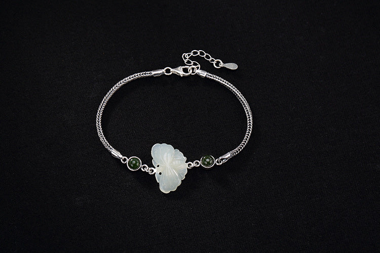 Real 925 Sterling Silver Women Bracelets Natural White Jade Butterfly Bracelet Jasper Beads Bijoux Snake Chain Jewelry
