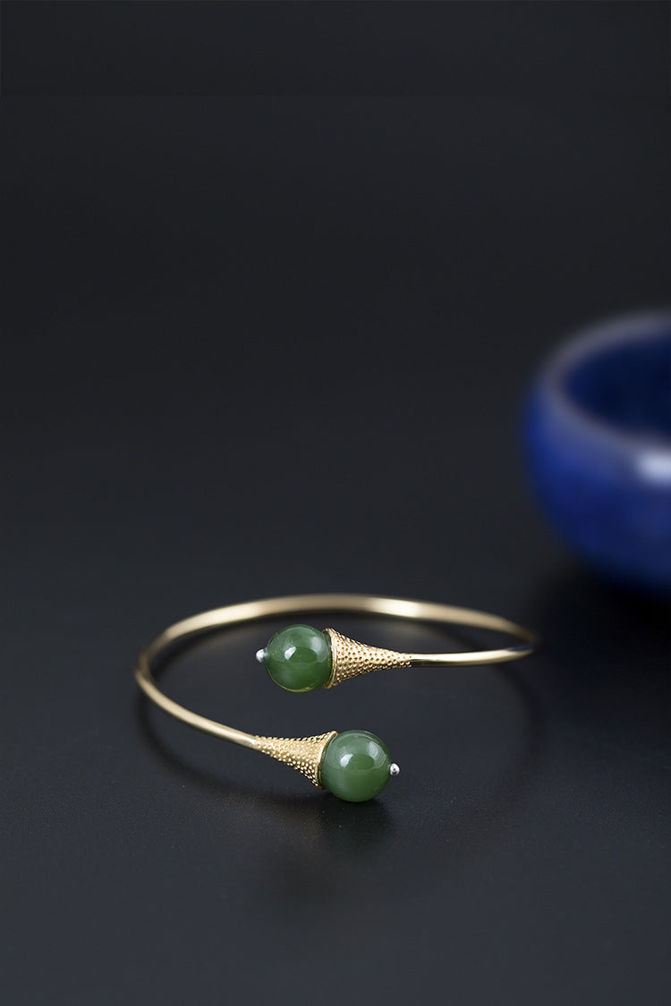 Real 925 Sterling Silver Women Luxury Dress Bangles Natural Green Jade Bangle Jasper Beads Fine Jewelry Handmade Bijoux