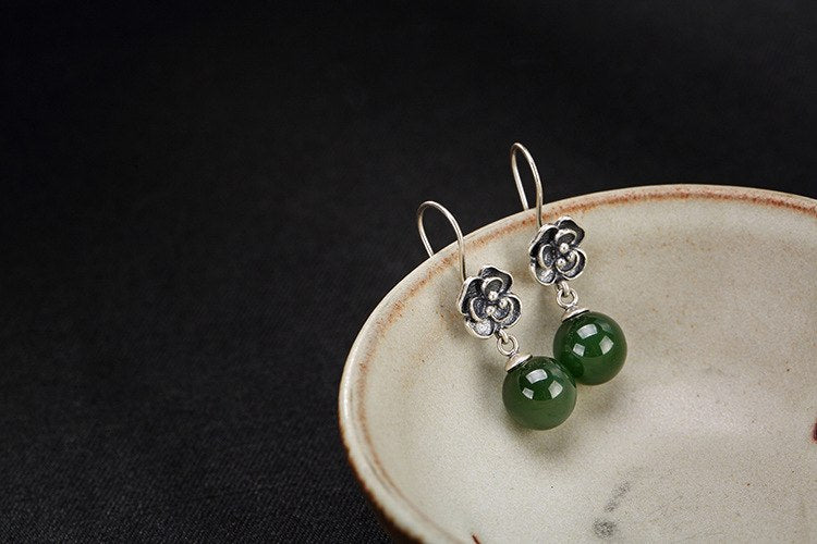 Real 925 Sterling Silver Women Luxury Jasper Balls Dangle Earrings Vulcanized Fine Jewelry Natural Jade Flower Brincos