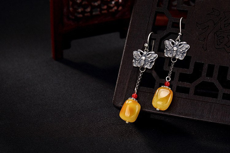 Real 925 Sterling Silver Women Nature Beeswax Dress Earrings Luxury Amber Brincos Retro Butterfly Bijoux Ethnic Jewelry